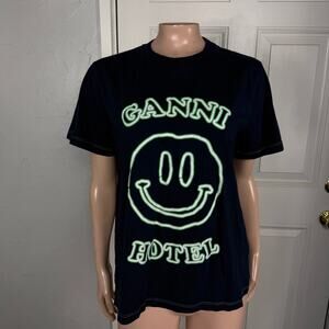 Ganni Hotel Women's Shirt Medium Crew Neck Cotton Navy Smiley Face XX19